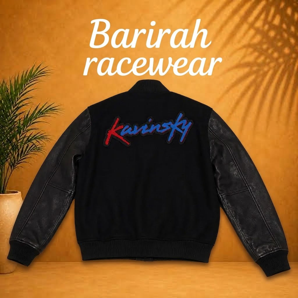 Kavinsky-Inspired Black Wool & Faux Leather Varsity Jacket | Barirah Racewear