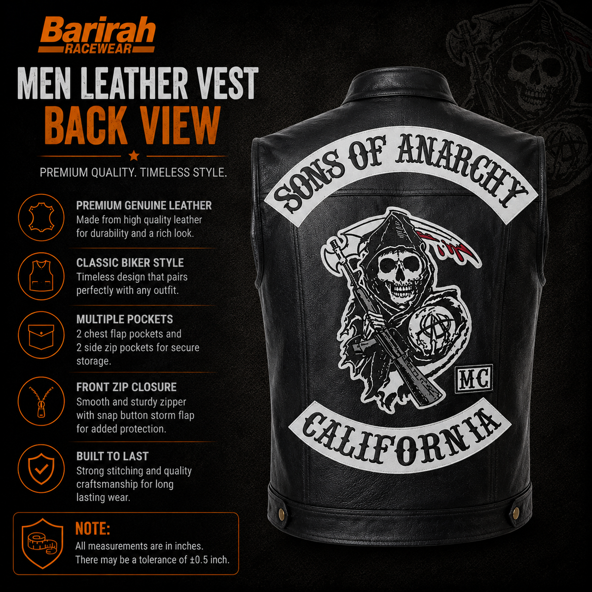 Barirah Racewear Men’s Club Style Leather Biker Vest