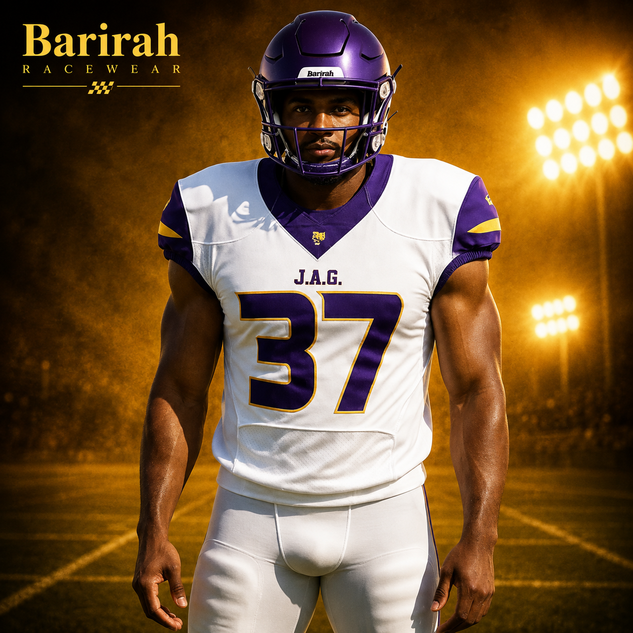 Barirah Racewear Men’s American Football Uniform – White, Purple & Gold No. 37 Jersey & Pants