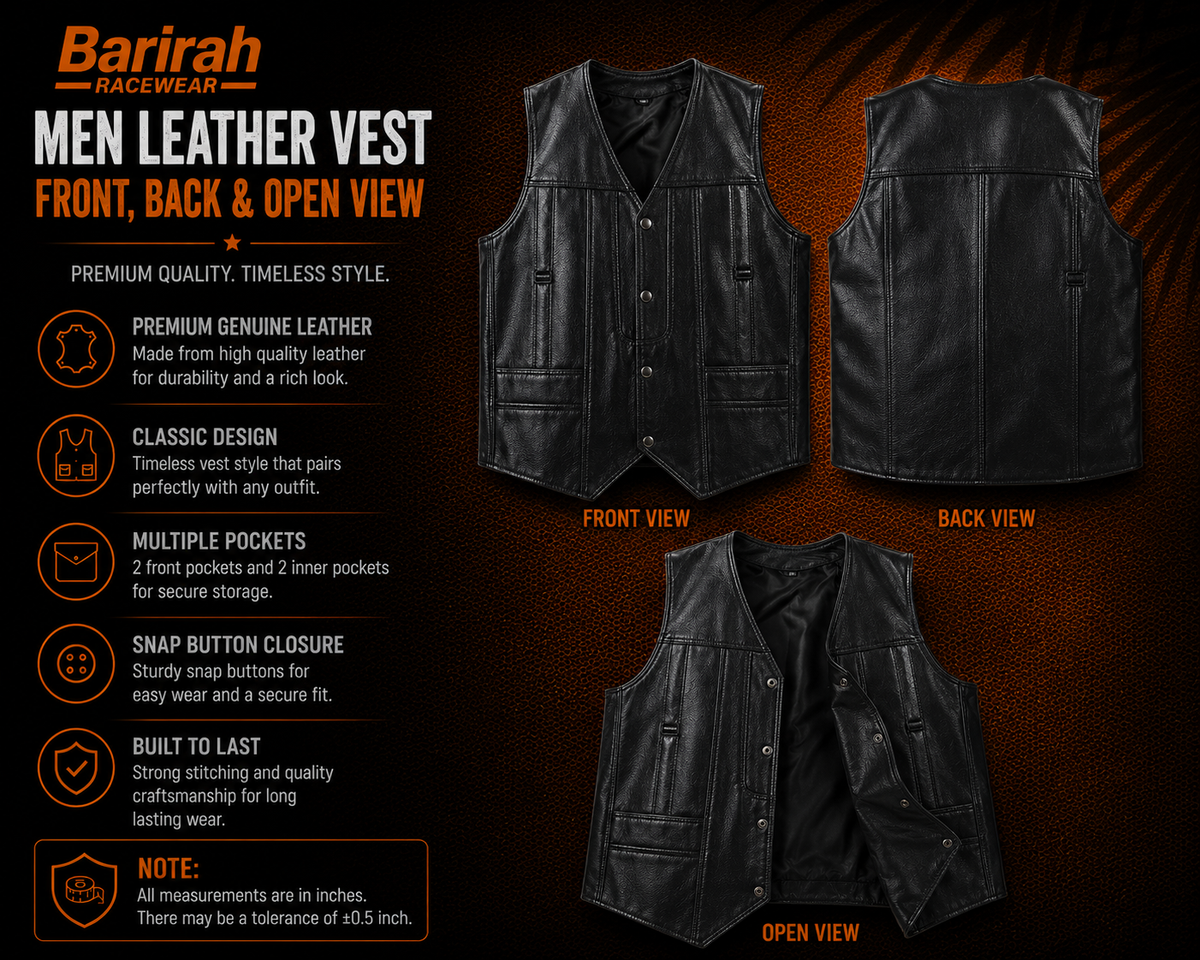 Men’s Black Leather Jacket Waistcoat Barirah Racewear