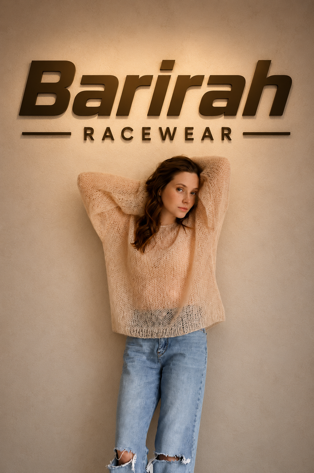 Barirah Racewear Women’s Blush Peach Sheer Open-Knit Oversized Sweater – Lightweight Long Sleeve Pullover