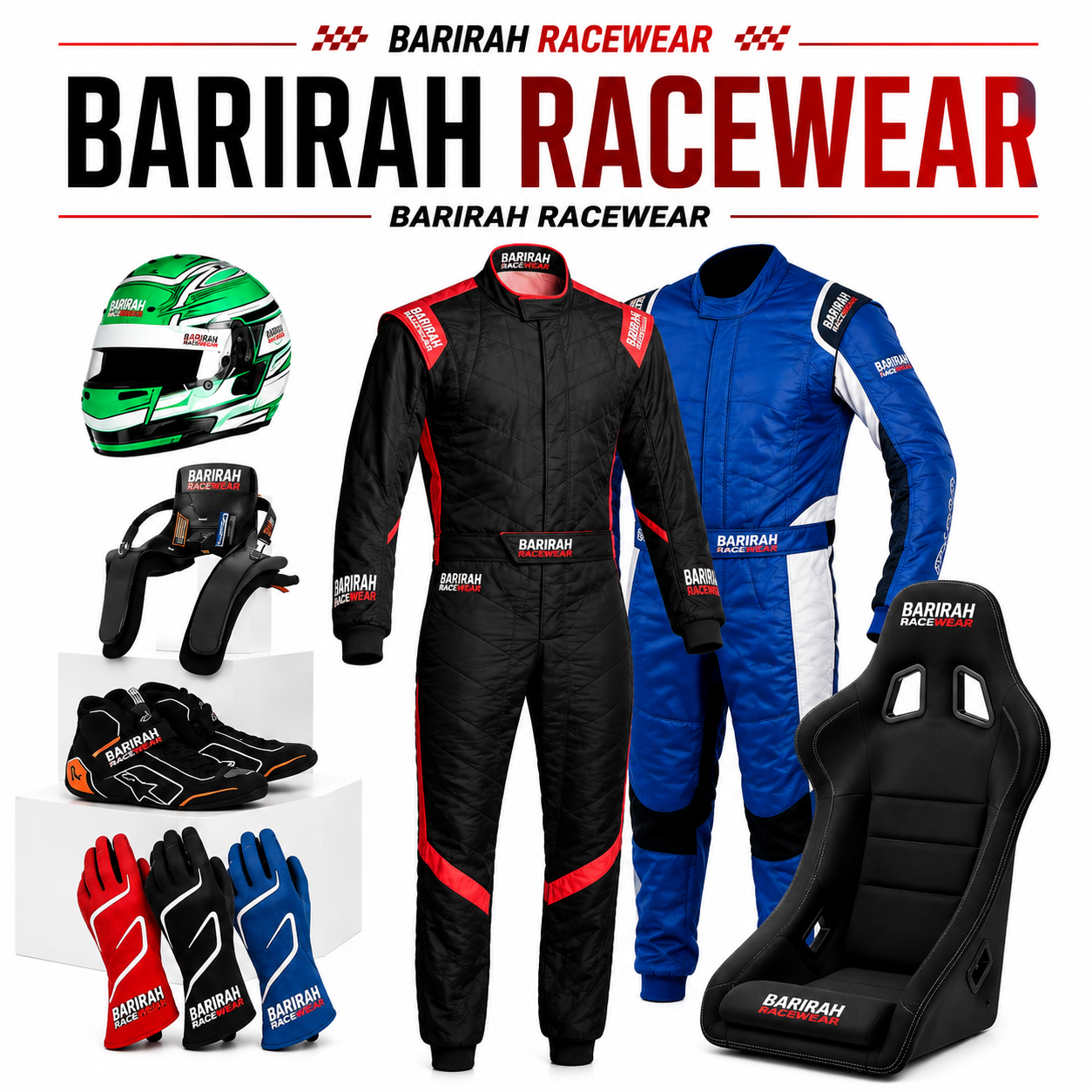 Barirah Racewear Complete Motorsport Racing Gear Collection – Racing Suits, Helmet, Gloves, Shoes & Racing Seat