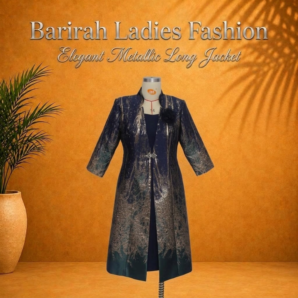 ✨ Elegant Metallic Long Jacket Dress Set | Available in Three Colors | Barirah Racewear ✨
