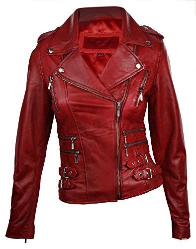 Women's Red Leather Biker Jacket | Asymmetrical Zip Moto Motorcycle Jacket | Slim Fit Buckled Fashion Coat with Zip Pockets