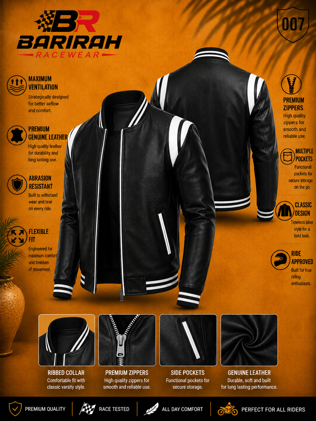 Men’s Black Leather Varsity Bomber - Cowhide Biker Style with