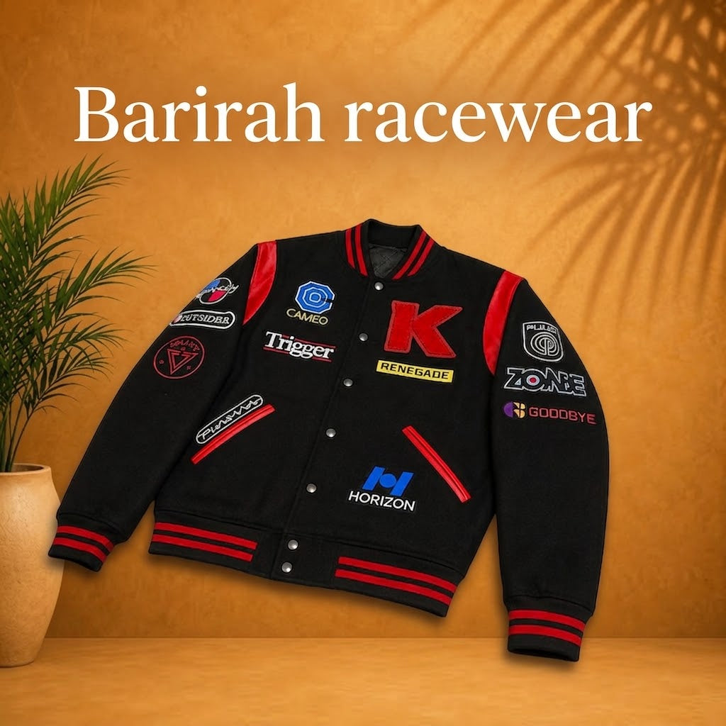Retro Black & Red Racing Varsity Jacket | Embroidered Patch Bomber | Barirah Racewear
