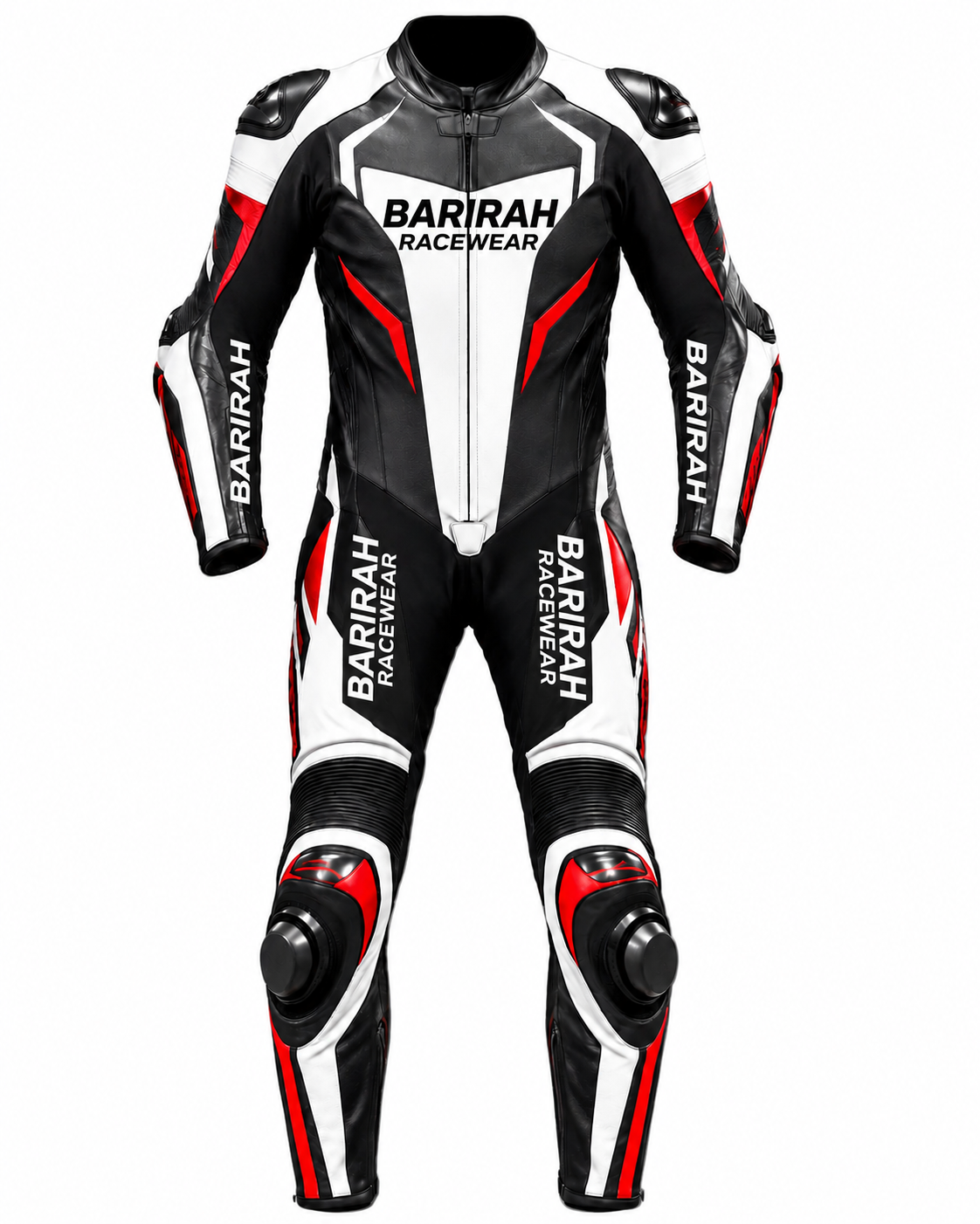 Barirah Racewear Black, White & Red One-Piece Motorbike Racing Leather Suit