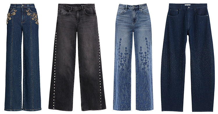 Women's Embellished Wide Leg Denim Jeans Collection | High-Rise Designer-Inspired Cotton Jeans | Embroidered, Studded & Rhinestone Casual Fashion Pants
