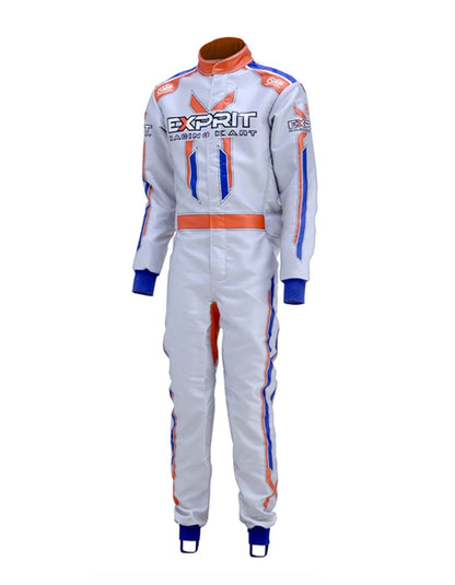 Exprit Racing Kart Suit | Professional FIA-Style Go-Kart Racing Overall | White, Orange & Blue Performance Driver Suit