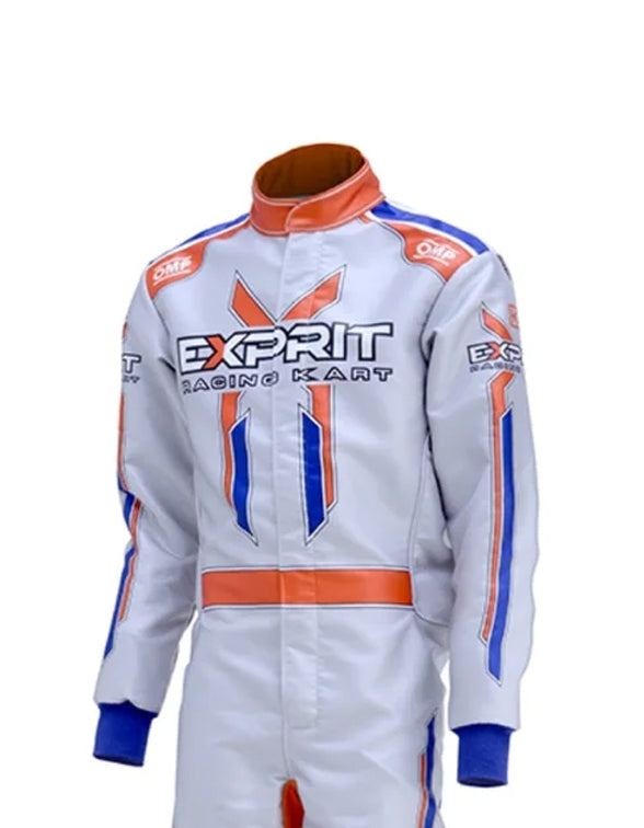 Exprit Racing Kart Suit | Professional FIA-Style Go-Kart Racing Overall | White, Orange & Blue Performance Driver Suit