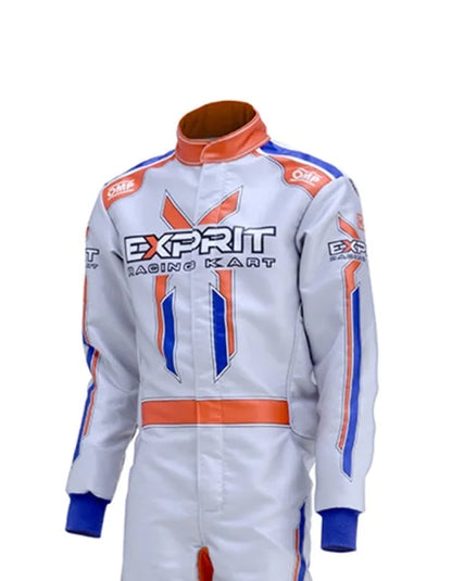 Exprit Racing Kart Suit | Professional FIA-Style Go-Kart Racing Overall | White, Orange & Blue Performance Driver Suit