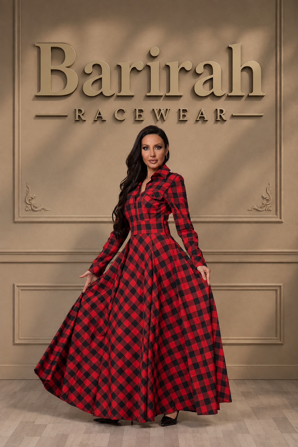 Barirah Racewear Women’s Red & Black Buffalo Plaid Gray White Maxi Shirt Dress – Long Sleeve Button-Up Flared Gown (Copy)