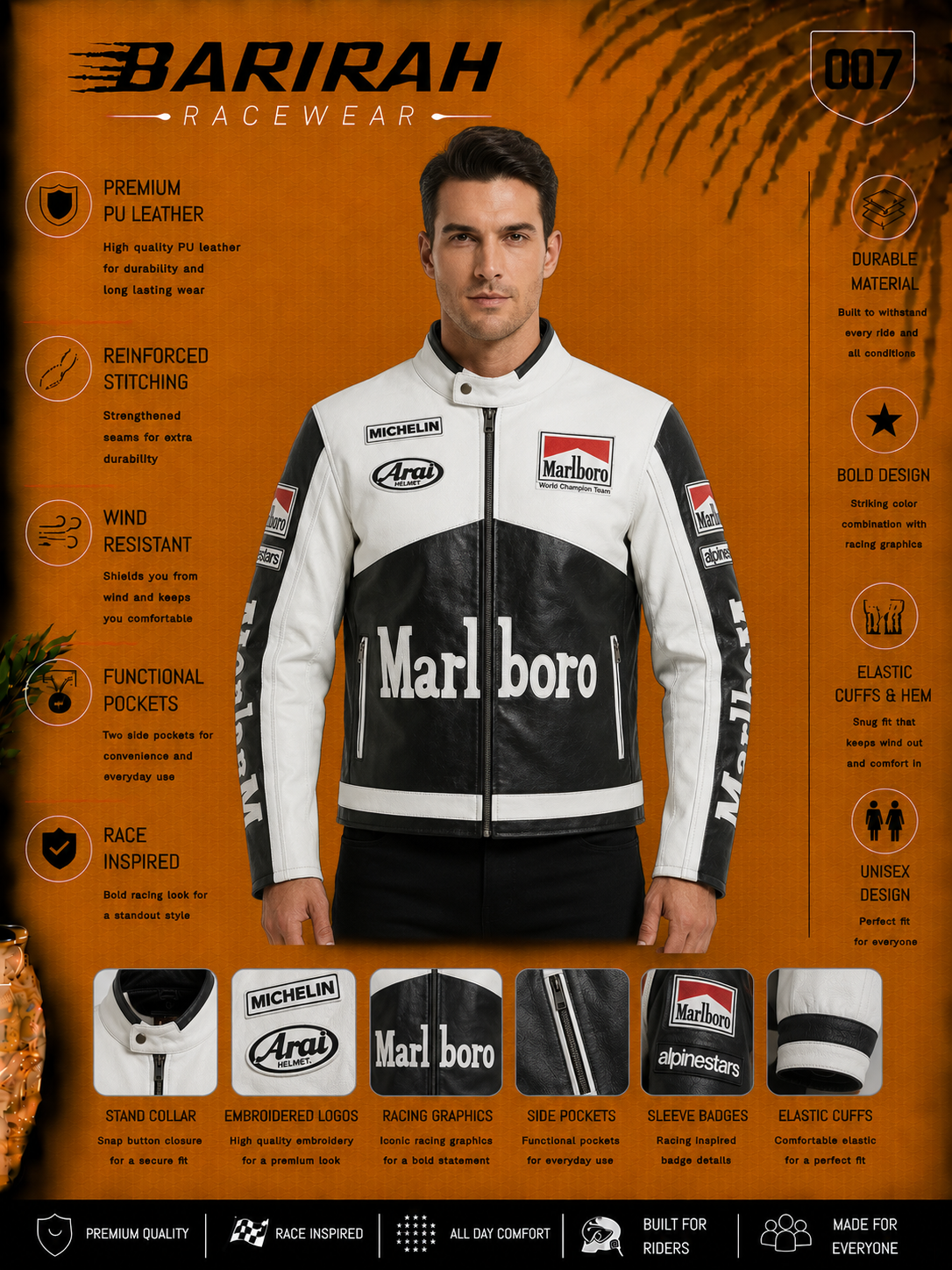 Marlboro White & Black Leather Biker Jacket