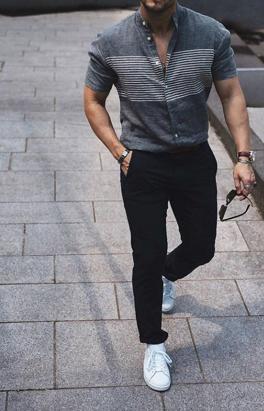 Men's Grey Striped Mandarin Collar Short Sleeve Linen Shirt – Casual Summer Button-Up Top