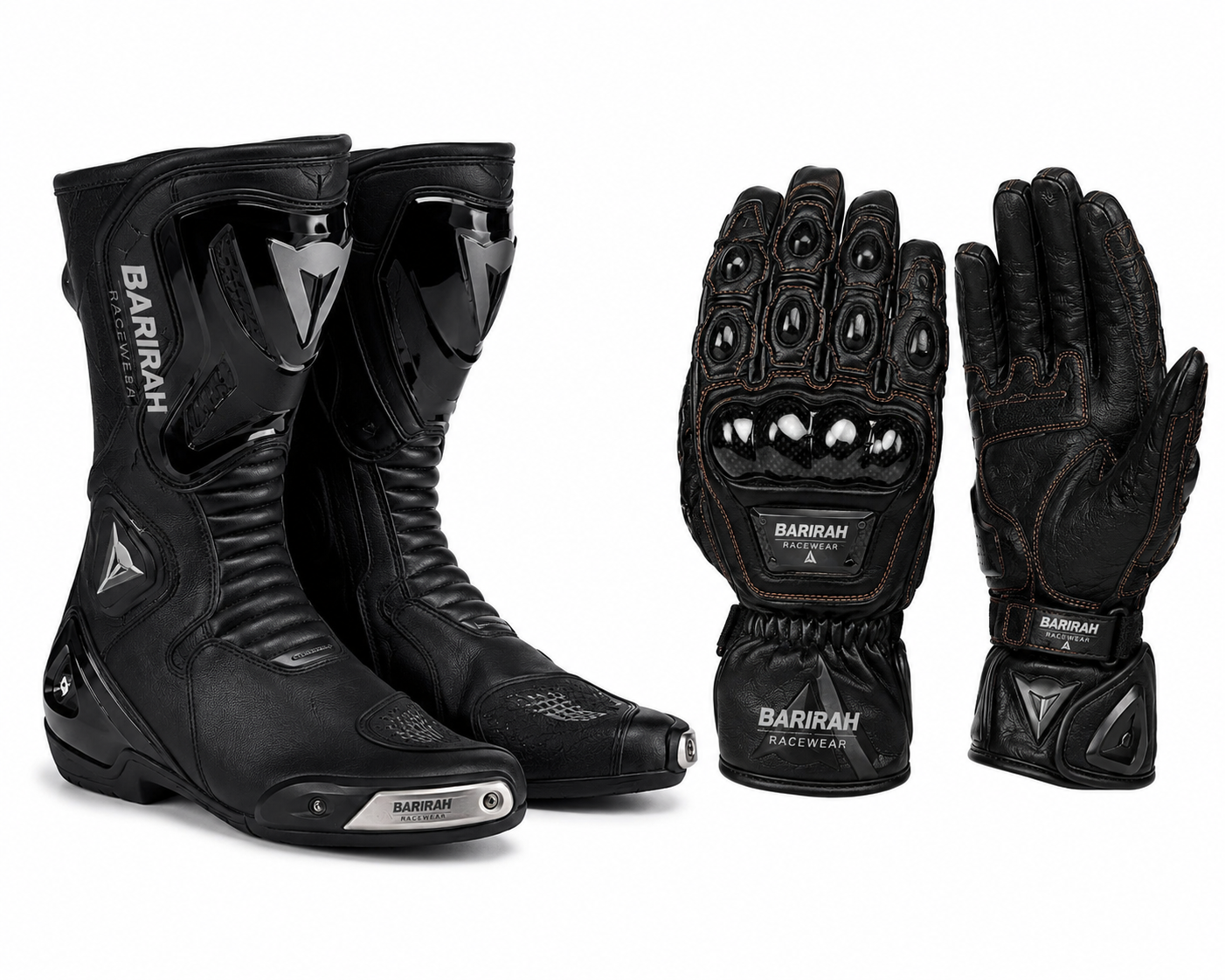 Barirah Racewear Black Motorcycle Racing Boots & Leather Gloves Set
