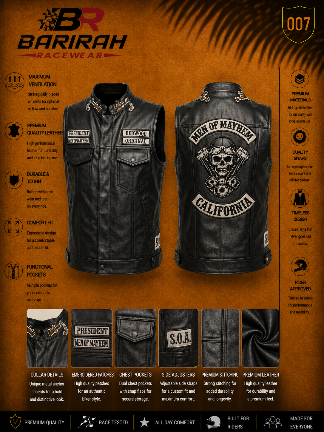 Sons of Anarchy Leather Vest genuine cowhide leather Barirah Racewear