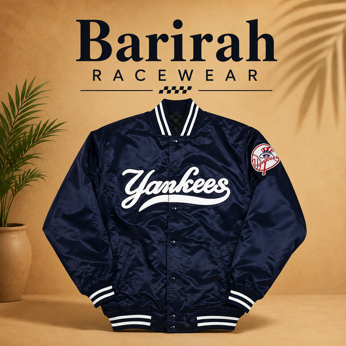 Men’s Navy Blue Satin Varsity Bomber Jacket - Baseball Style