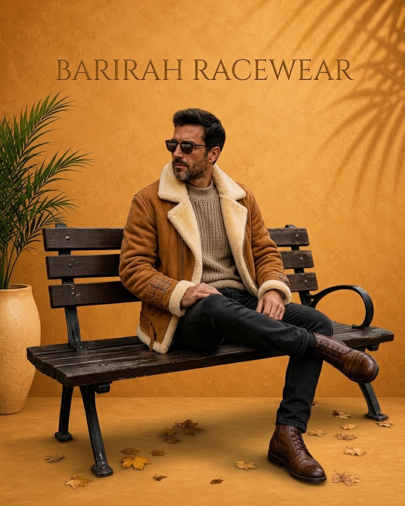 Stylish men’s brown shearling leather jacket featuring a classic aviator-inspired design,