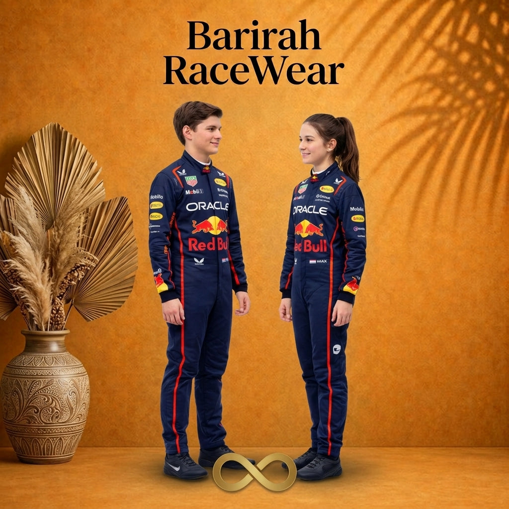 F1-inspired kids’ kart racing suit set with matching racing gloves and shoes.