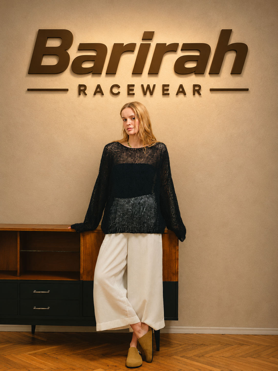 Barirah Racewear Women’s Black Sheer Open-Knit Oversized Sweater – Lightweight Long Sleeve Pullover