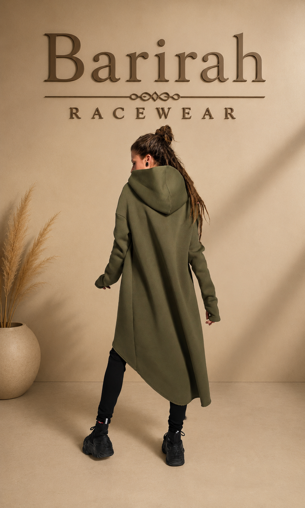 Barirah Racewear Women’s Olive Green Oversized Hoodie Dress – Long Sleeve High-Low Hooded Sweatshirt Tunic