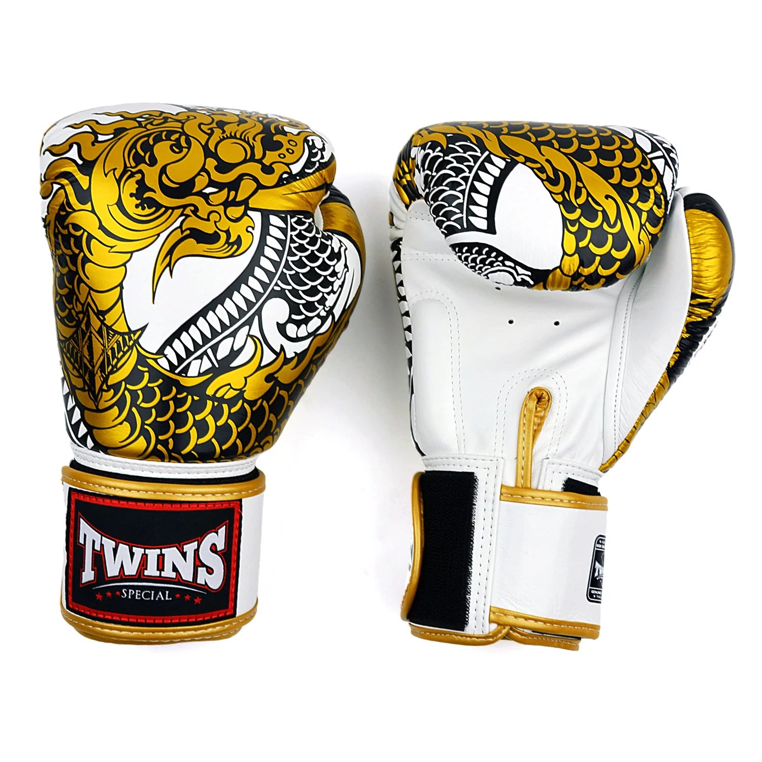 Twins Special Dragon Boxing Gloves | Premium Leather Training & Sparring Gloves | Professional Muay Thai, Boxing, MMA & Kickboxing Gloves | White & Gold