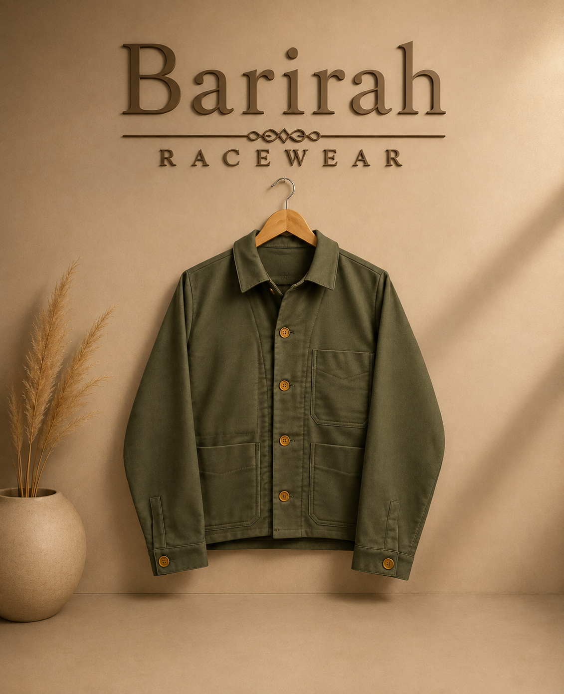 Barirah Racewear Men’s Olive Green Utility Chore Jacket – Long Sleeve Button-Up Workwear Coat