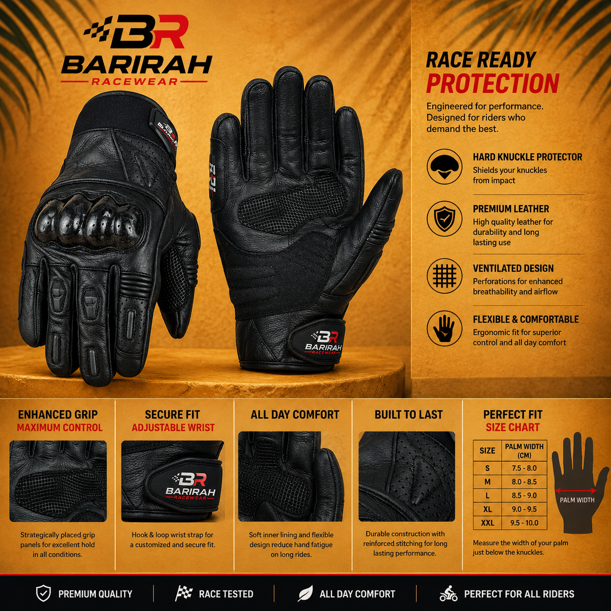 Barirah Racewear Pure Leather Motorcycle Full Black Gloves