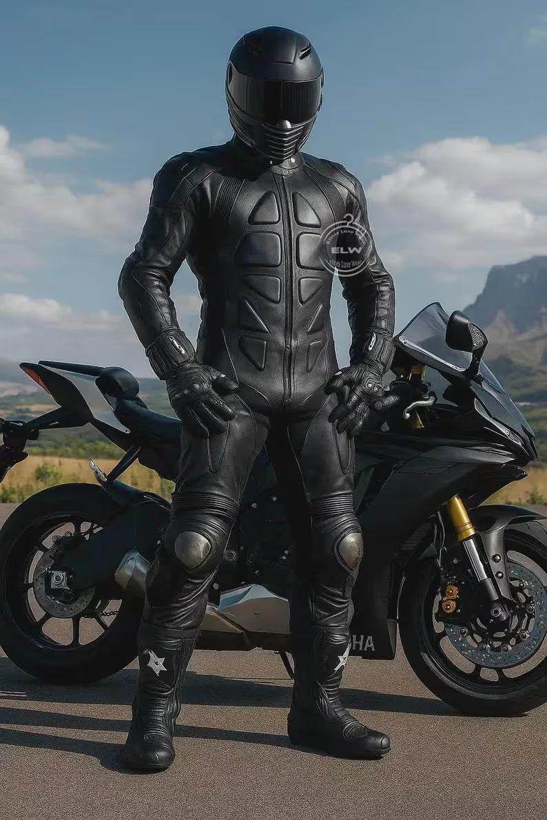 Men's One-Piece Leather Motorcycle Racing Suit | Premium CE Armor Riding Suit | Professional Sportbike Track & Street Protective Gear | All Black
