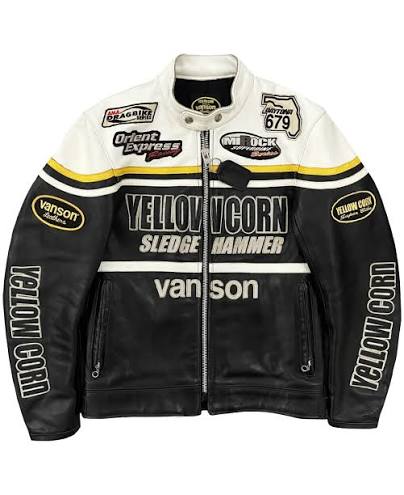 Men's Black & White Racing Leather Jacket | Vintage Moto Biker Jacket with Embroidered Patches | Stand Collar Motorcycle Riding Coat