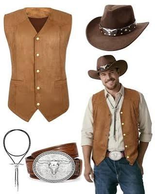 Adult Cowboy Costume Accessory Set | Western Cowboy Hat, Faux Suede Vest, Belt Buckle & Bolo Tie | Men's Western Dress-Up Kit for Halloween & Cosplay