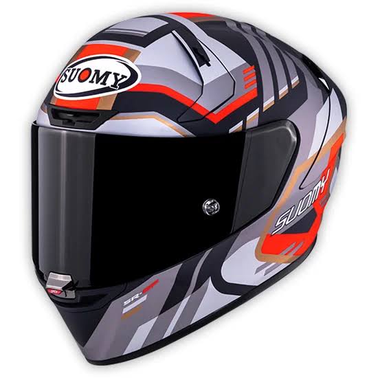 SUOMY SR-GP Full Face Motorcycle Helmet – Grey, Black & Fluorescent Orange Racing Graphics – ECE Certified