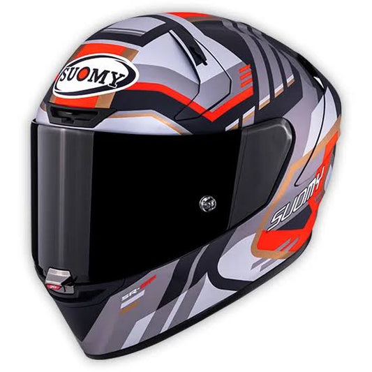 SUOMY SR-GP Full Face Motorcycle Helmet – Grey, Black & Fluorescent Orange Racing Graphics – ECE Certified
