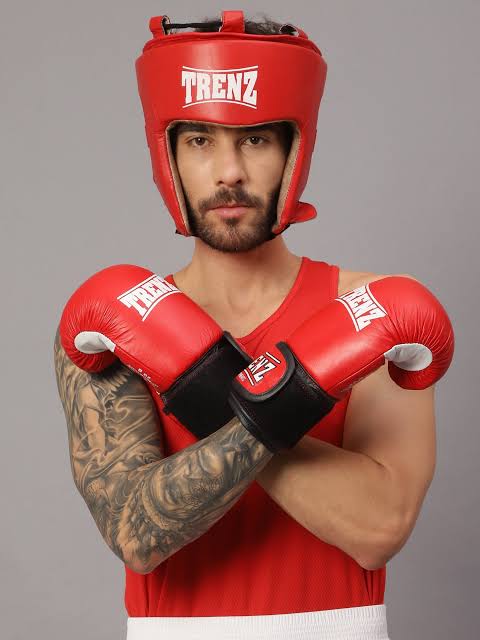 Trenz Boxing Headgear & Gloves Set | Professional Boxing Training Gear | Protective Head Guard & Sparring Gloves for Boxing, MMA, Muay Thai & Kickboxing | Red