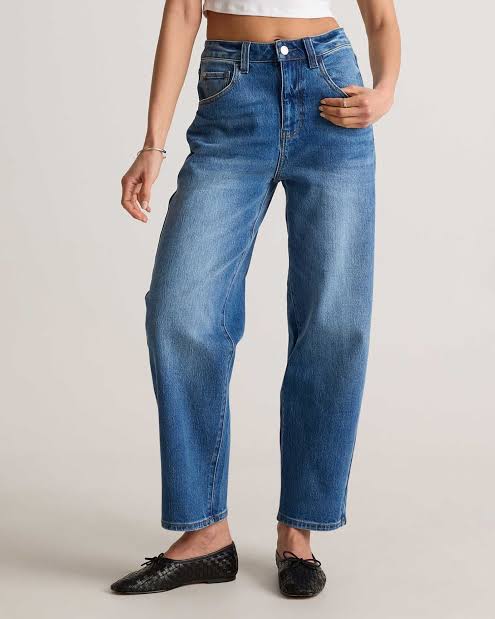 Women's High-Rise Barrel Leg Blue Denim Jeans | Relaxed Fit Cotton Casual Jeans | Tapered Full-Length Everyday Denim Pants