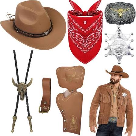 Western Cowboy Costume Accessories Set | Cowboy Hat, Bandana, Sheriff Badge, Holster & Bolo Tie | Adult Western Dress-Up Party Kit