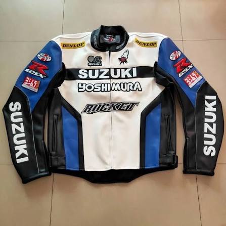 Suzuki Yoshimura Rocket Motorcycle Leather Jacket | CE Armor Protective Racing Biker Jacket | Premium Cowhide Riding Jacket | White, Blue & Black