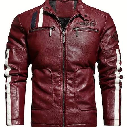 Men's Burgundy Faux Leather Motorcycle Jacket | Vintage Racing Biker Zip-Up Jacket | Casual Slim Fit Moto Coat with Stripe Sleeve Design