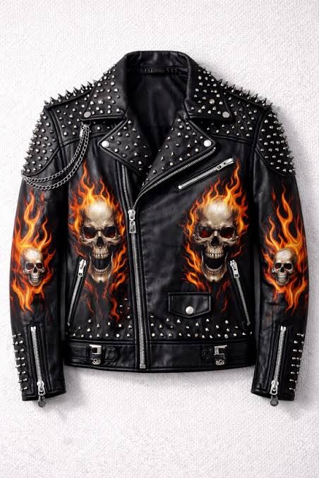 Men's Black Studded Faux Leather Skull Biker Jacket | Gothic Punk Motorcycle Moto Jacket | Flame Graphic Zip-Up Leather-Look Coat with Belt