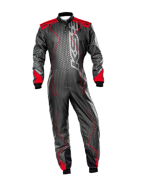 OMP KS-2R Kart Racing Suit | Professional FIA-Style Go-Kart Racing Overall | Black & Grey with Red Performance Driver Suit