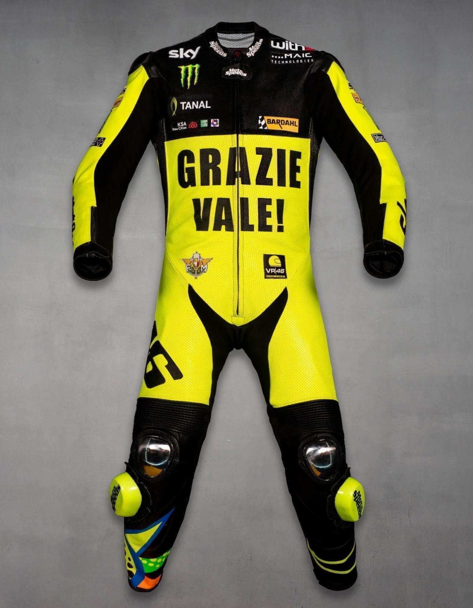Valentino Rossi VR46 "Grazie Vale" MotoGP Leather Racing Suit | Premium One-Piece Motorcycle Riding Suit | CE Armor Track & Street Protective Gear | Black & Fluorescent Yellow