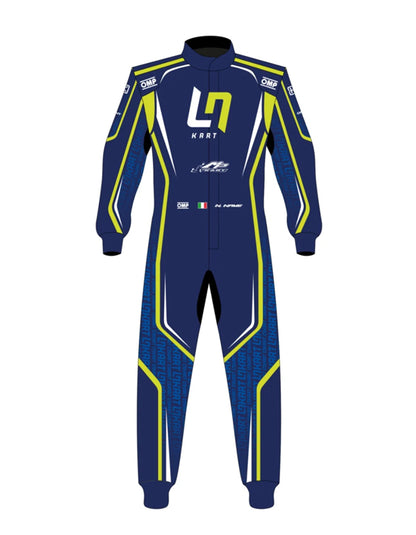 LN Kart Racing Suit 2022 | Professional FIA-Style Go-Kart Racing Overall | Navy Blue & Fluorescent Yellow Performance Driver Suit