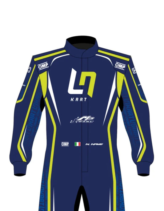 LN Kart Racing Suit 2022 | Professional FIA-Style Go-Kart Racing Overall | Navy Blue & Fluorescent Yellow Performance Driver Suit