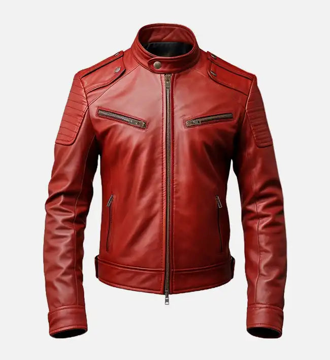Men's Red Café Racer Leather Jacket | Slim Fit Motorcycle Biker Jacket | Premium Zip-Up Leather Outerwear