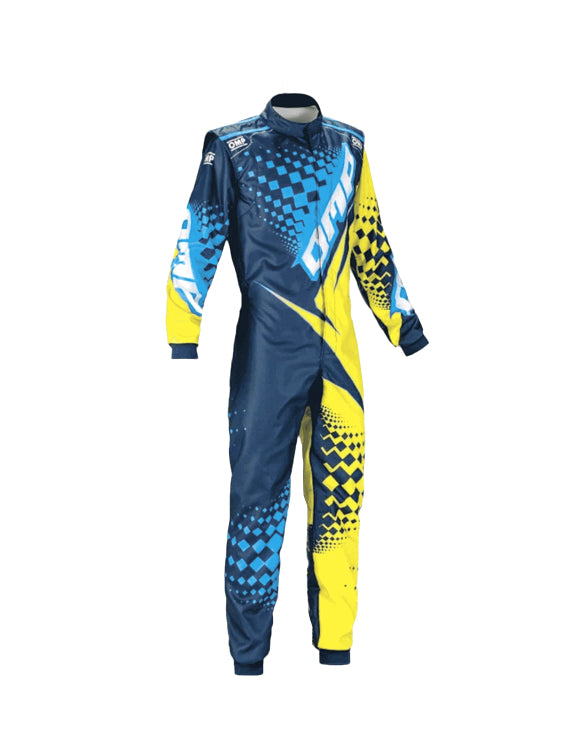 OMP KS-2R Kart Racing Suit | Professional FIA-Style Go-Kart Racing Overall | Navy Blue & Fluorescent Yellow Performance Driver Suit