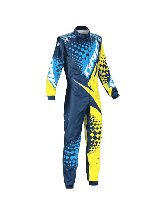 OMP KS-2R Kart Racing Suit | Professional FIA-Style Go-Kart Racing Overall | Navy Blue & Fluorescent Yellow Performance Driver Suit
