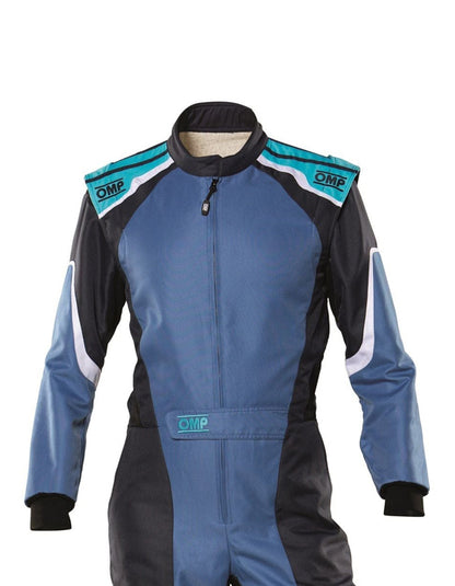 OMP KS-3 Classic Kart Racing Suit | Professional FIA-Style Go-Kart Racing Overall | Blue, Black & Turquoise Performance Driver Suit