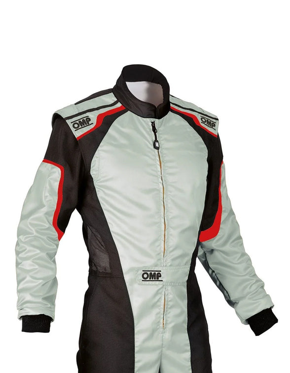 OMP KS-3 Classic Kart Racing Suit - Ice Grey, Black & Red
