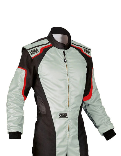 OMP KS-3 Classic Kart Racing Suit | Professional FIA-Style Go-Kart Racing Overall | Ice Grey, Black & Red Performance Driver Suit