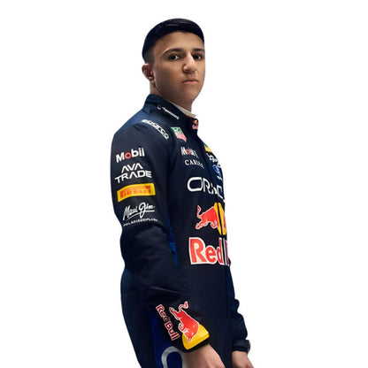 Red Bull Racing F1 Driver Suit – Navy Blue Racing Overall with Sponsor Logos